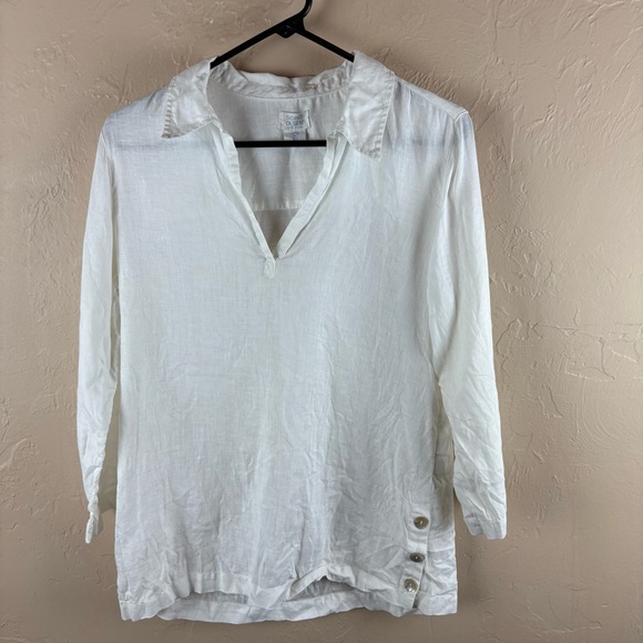 Sigrid Olsen Tops - Sigrid Olsen White Linen Blouse Collared Pullover Lagenlook Small